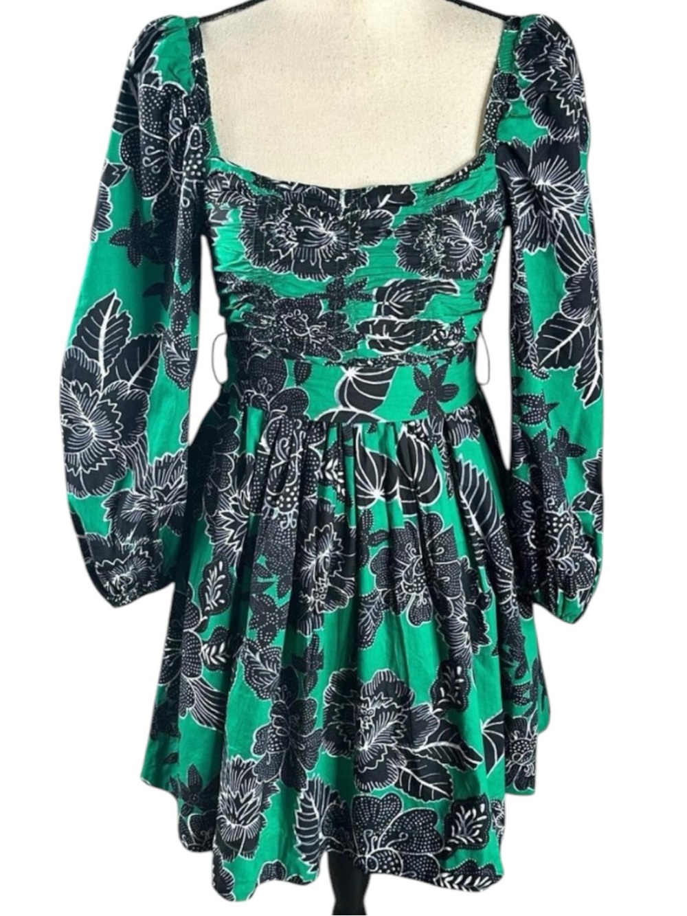 Caroline Constas Kelly Green Floral Print Mini Dress Sz M 100% Cotton Flowy Boho